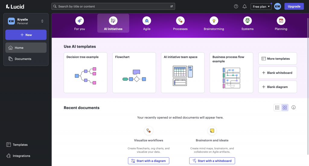 Screenshot of LucidChart's editor homepage 